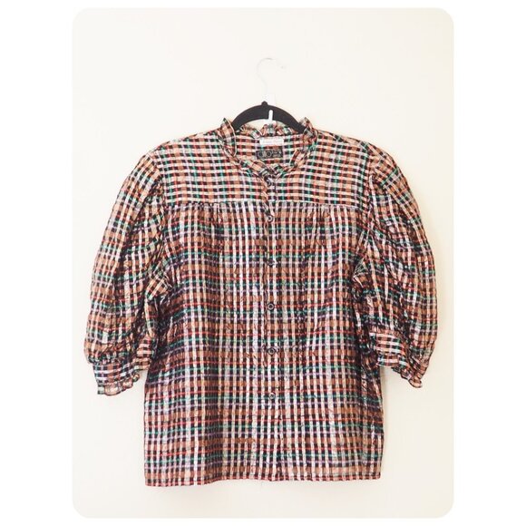 ! Vintage Ditto Metallic 3/4 Sleeve Button-up Blouse sz 16 - Picture 1 of 7